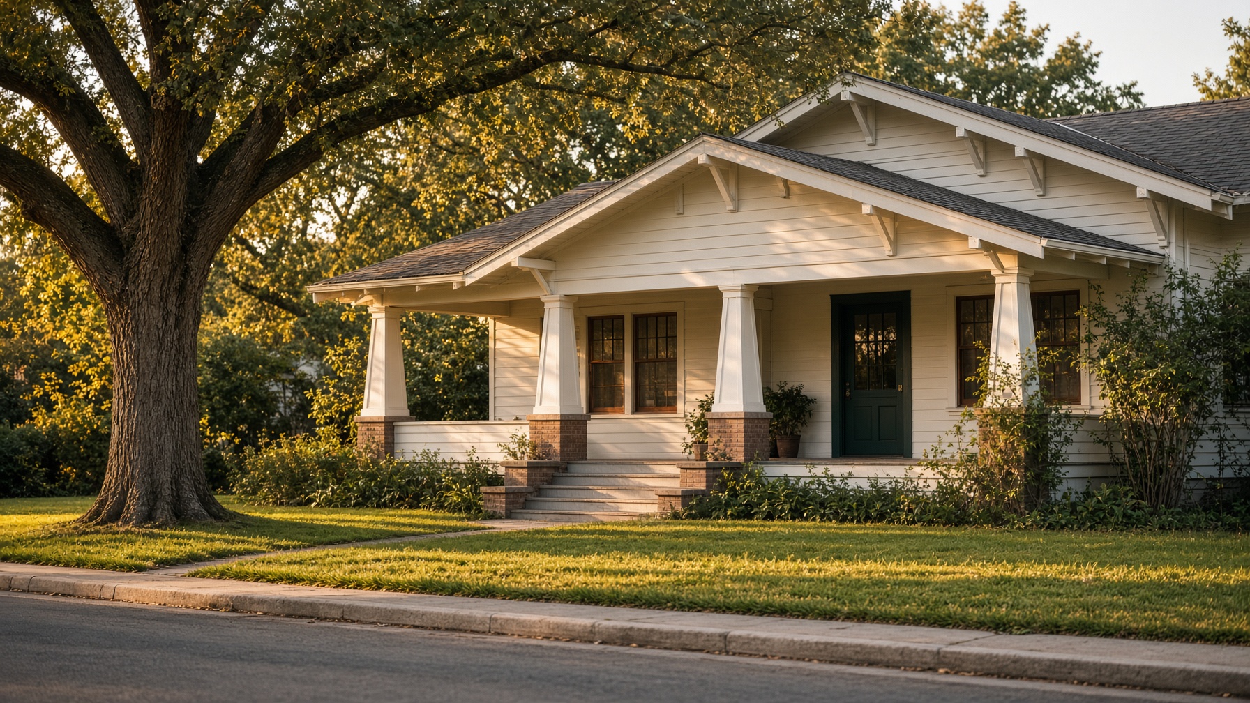 A white craftsman house at golden hour
